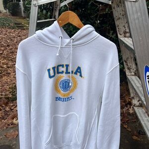 Vintage Russell Athletic White Hoodie with Blue and Gold Accents